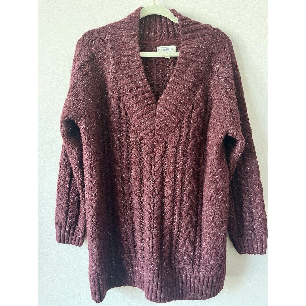 FatFace Burgundy Cable Knit Sweater Flecked Cozy V-Neck Women's US 12